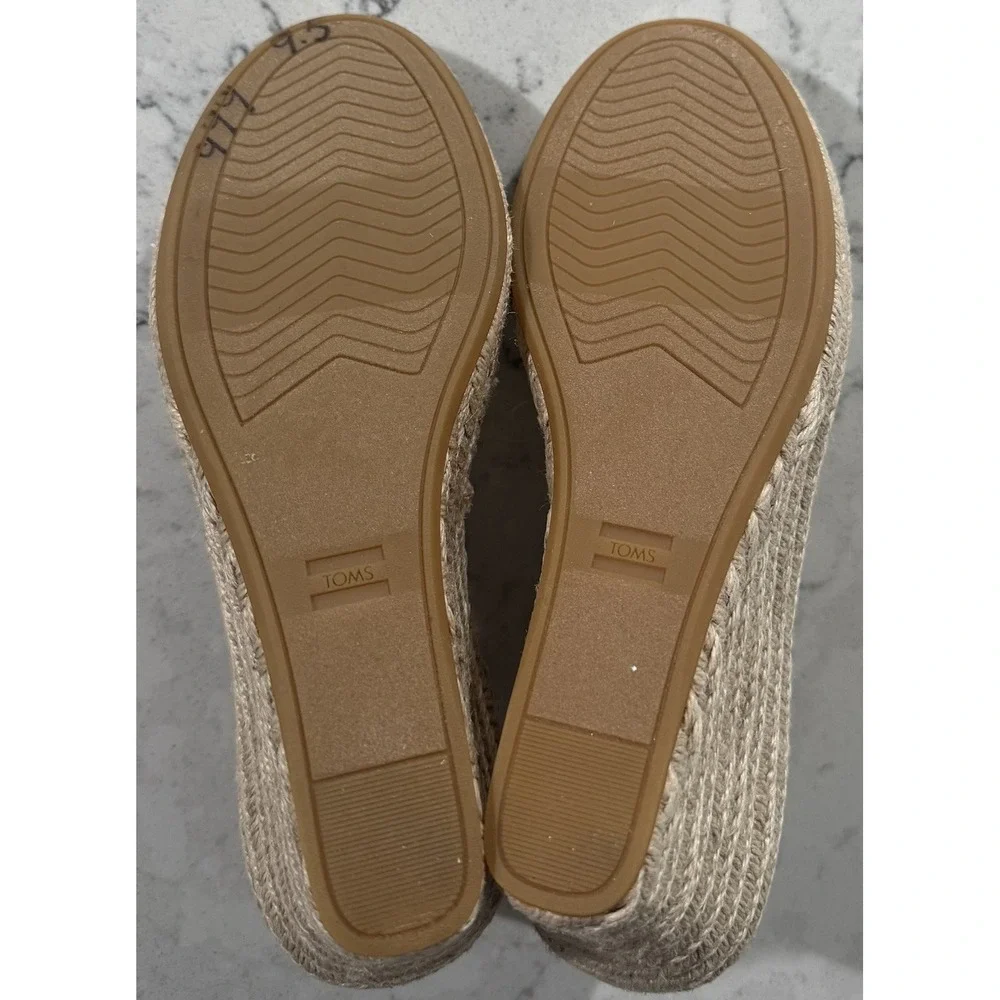 TOMS Marisol Natural Canvas Leather Ankle Strap Espadrille Wedge Sandal 9.5